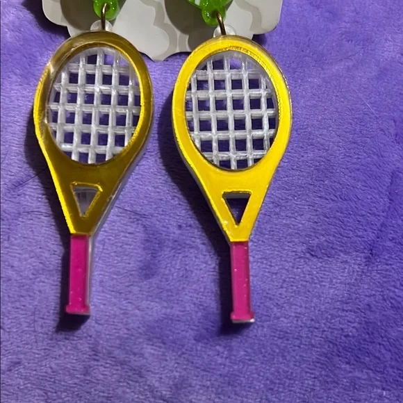 Tennis Racket Earrings with Green and Pink Accents - Picture 2 of 4